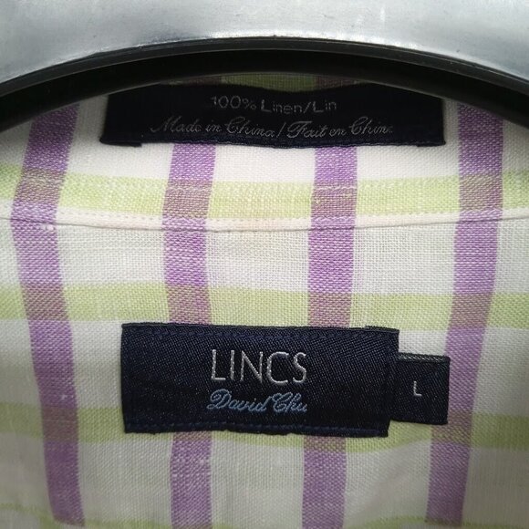 Lincs Shirt Mens Large White‎ Green Purple 100% Linen Button Down David Chu - Picture 3 of 7